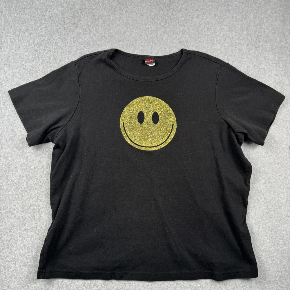 VTG Next Generation Top Womens 26/28 Black Glitter Smiley Face Graphic Y2K 90s
